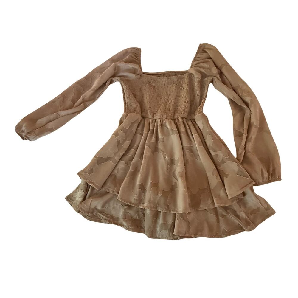 Stella Tweed Girls Romper Size 16 Taupe Floral Jacquard Puff Sleeve Smocked Back